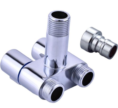 1000233865.jpg Válvula doble, conexión de 1/2" Acero Cromado, pesada.