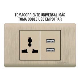 2025/10/1000261340.jpg Tomacorriente Universal + Doble Cargador USB (Tipo A) de Empotrar | Línea Platinium Abatron | Color Dorado Metálico