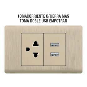 2025/10/1000261342.jpg Tomacorriente con Tierra y Doble Cargador USB (Tipo A) de Empotrar | Línea Platinium Abatron | Color Dorado Metálico
