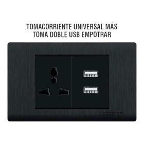 2025/10/1000261345.jpg Tomacorriente Universal + Doble Cargador USB (Tipo A) de Empotrar | Línea Platinium Abatron | Color Negro Mate